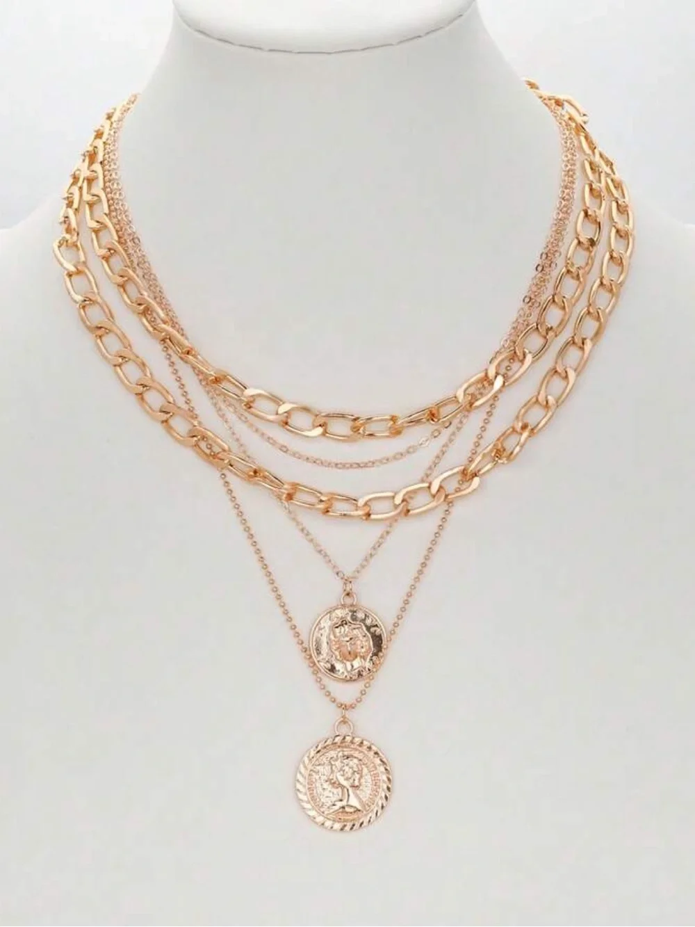 Vintage Style Gold Coin Layered Necklace Multi Strand Medallion Necklace